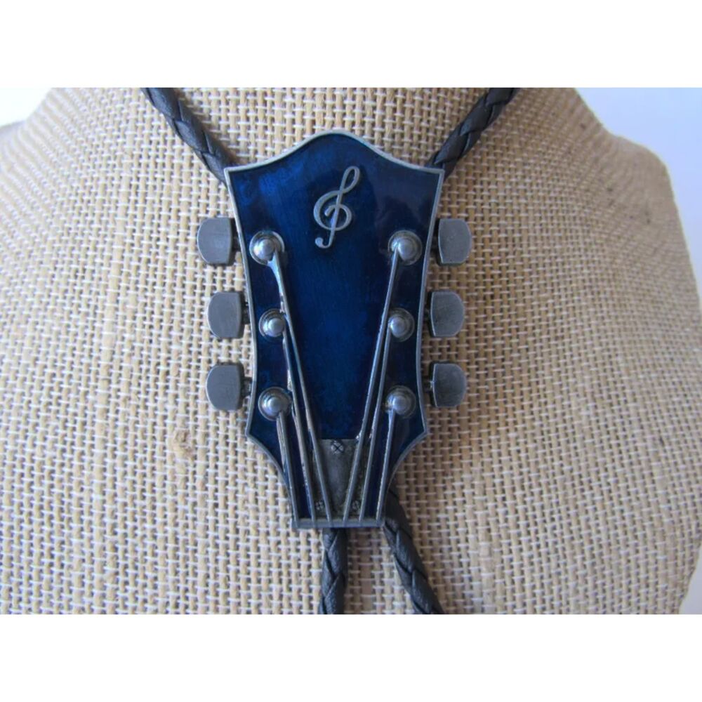Blue & Silver Texas Western Cowboy Guitar Neck Bollo Tie - Braided Cord
